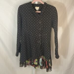 neesh by DAR Black Button Front Long Sleeve Floral Geometric Blouse Women's S